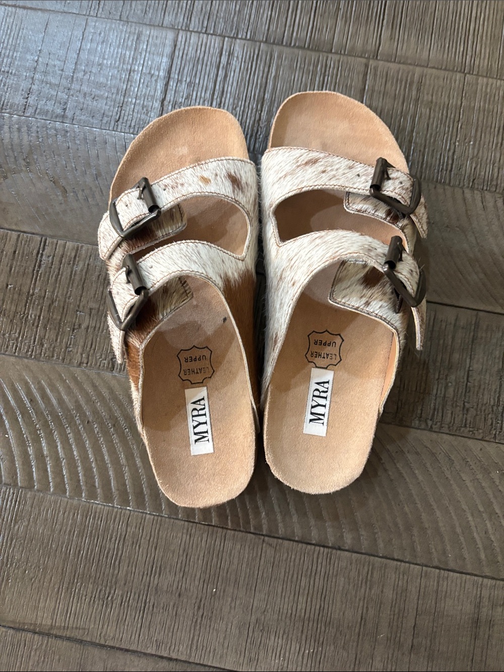 Myra Cowhide Two-Buckle Slide Sandals in Brown and Cream - Picture 7 of 7